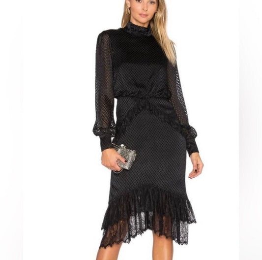 SALONI Black Flocked Long Sleeve Ruffle Dress Size 4 US