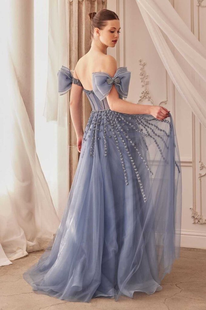 STRAPLESS BEADED GOWN WITH BOW SLEEVE ACCESSORIES
