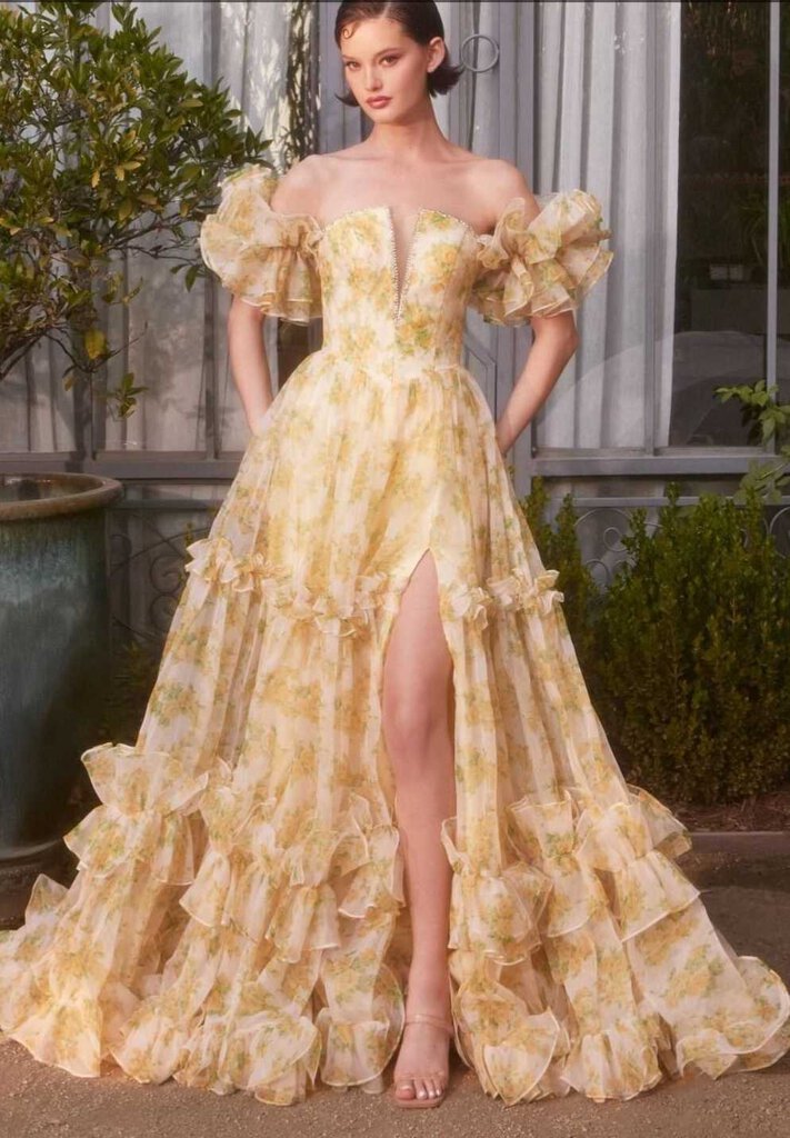 Floral printed organza ball gown