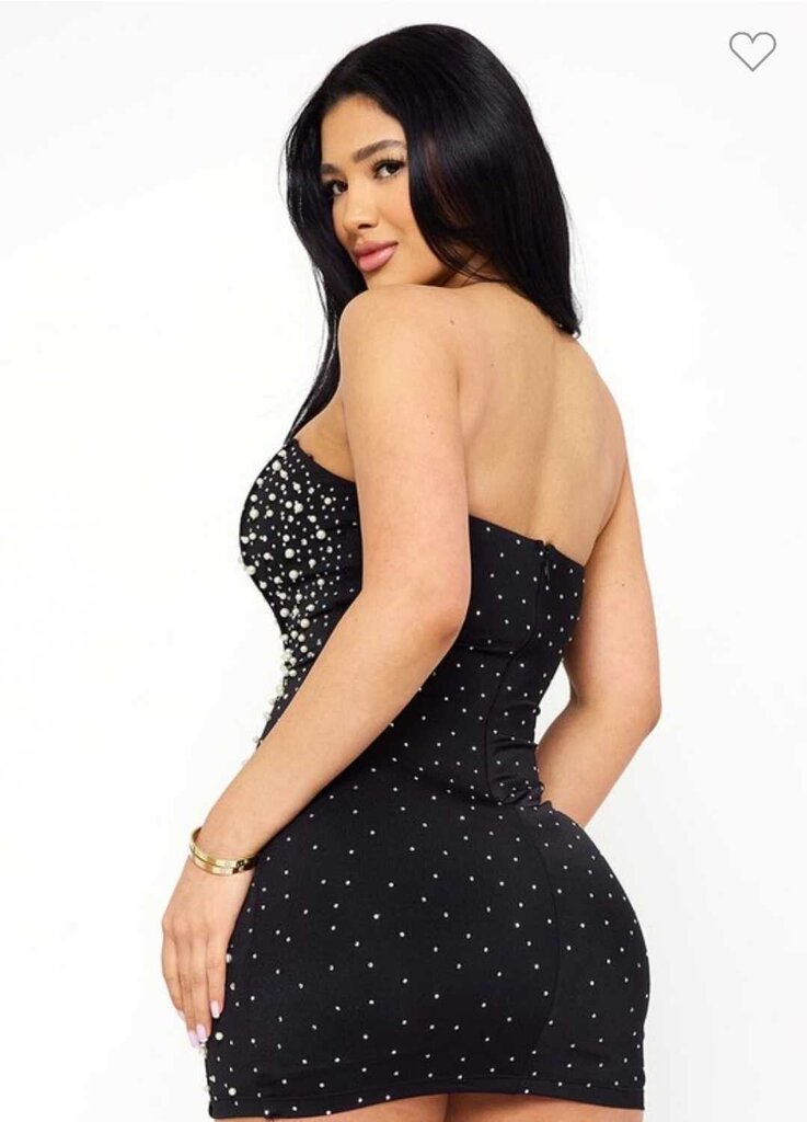 Pearl Bead Attached Power Satin Mini Dress