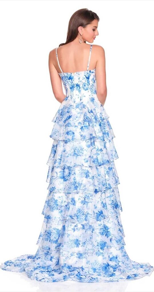 PRINTED TIERED GOWN WITH BEADED DRAPED CORSET BODICE