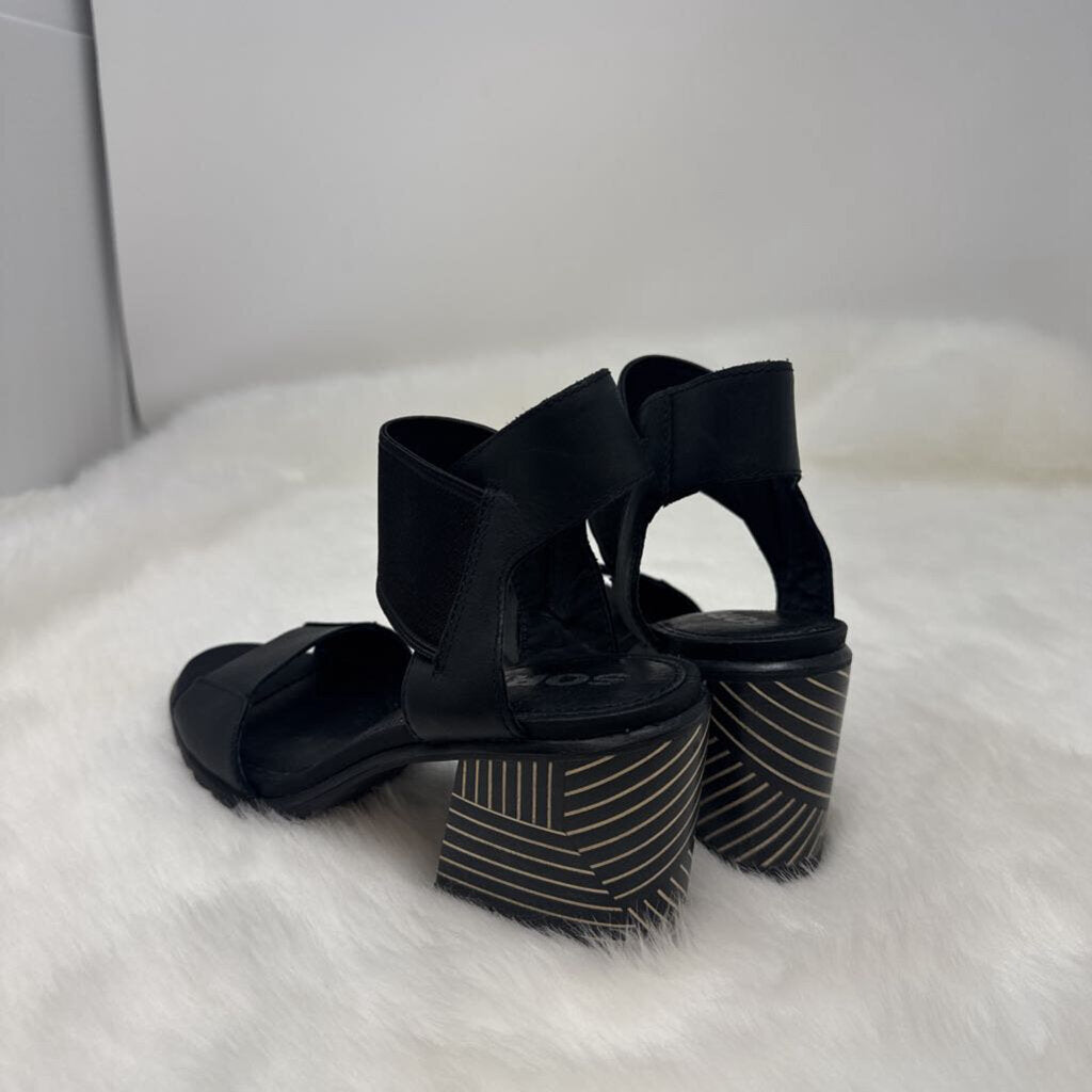 SOREL Nadia Black Leather Chunky Heeled Sandals Size 7 Womens