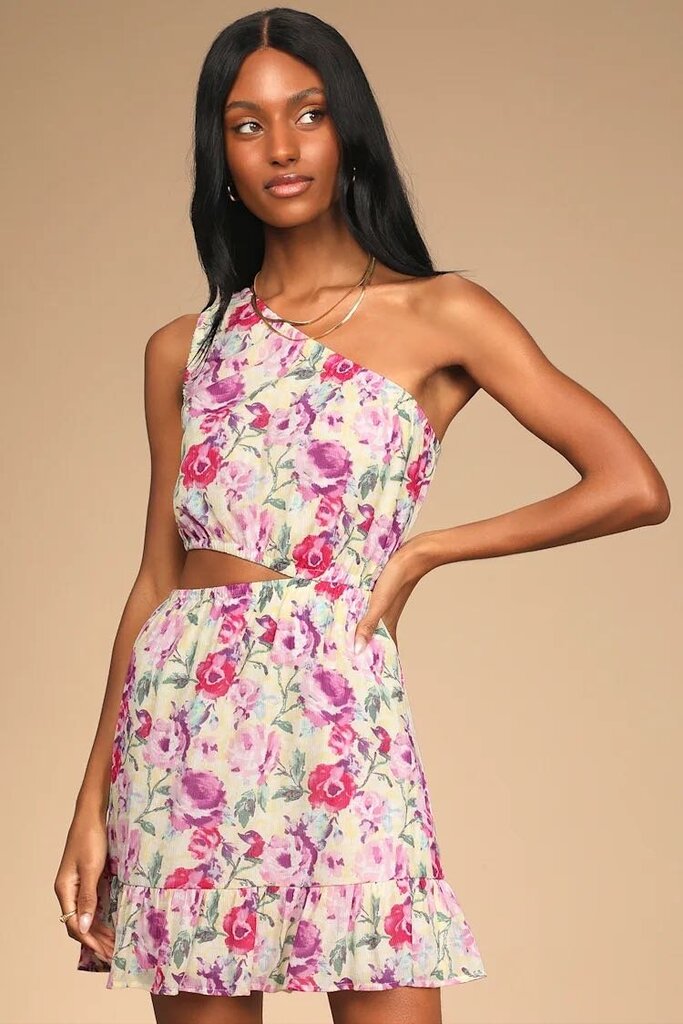 Lulus NWT Yellow Floral Print One Shoulder Cut Out Center Mini Dress Women's Size M