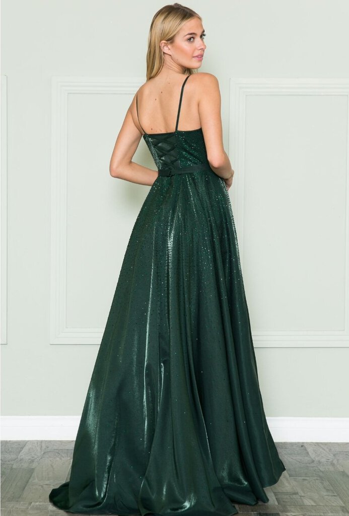 Poly iridescent rhinestone v-neck prom dress