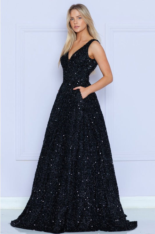 Poly A-Line sequin prom dress