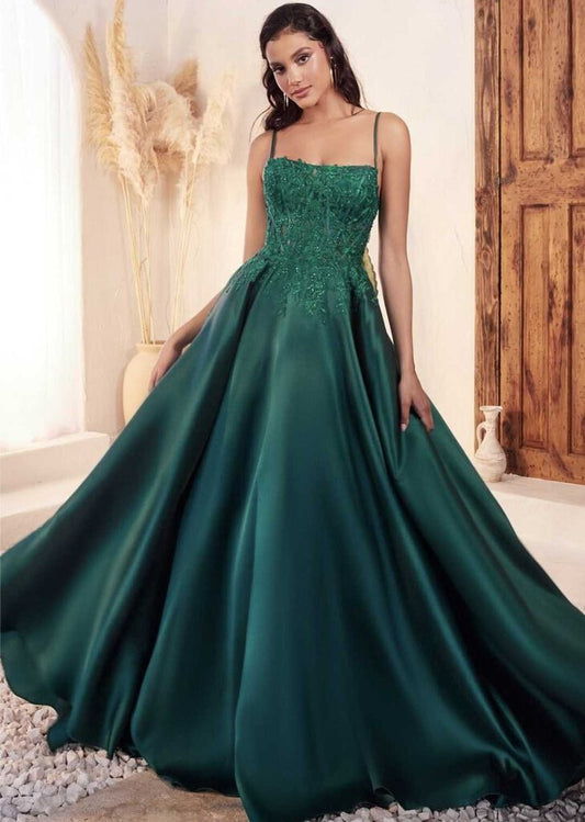 MIKADO EMERALD BALL GOWN WITH LACE DETAILS