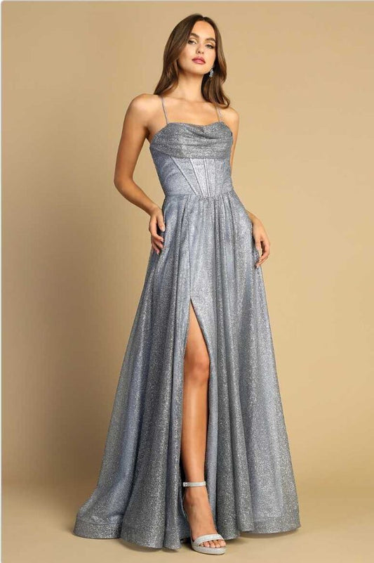 Glitter Cowl Aline Slit Gown