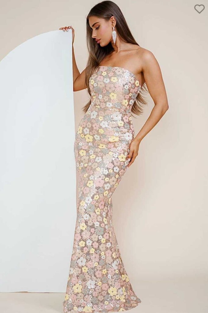 STRAPLESS FLORAL SEQUIN MAXI DRESS