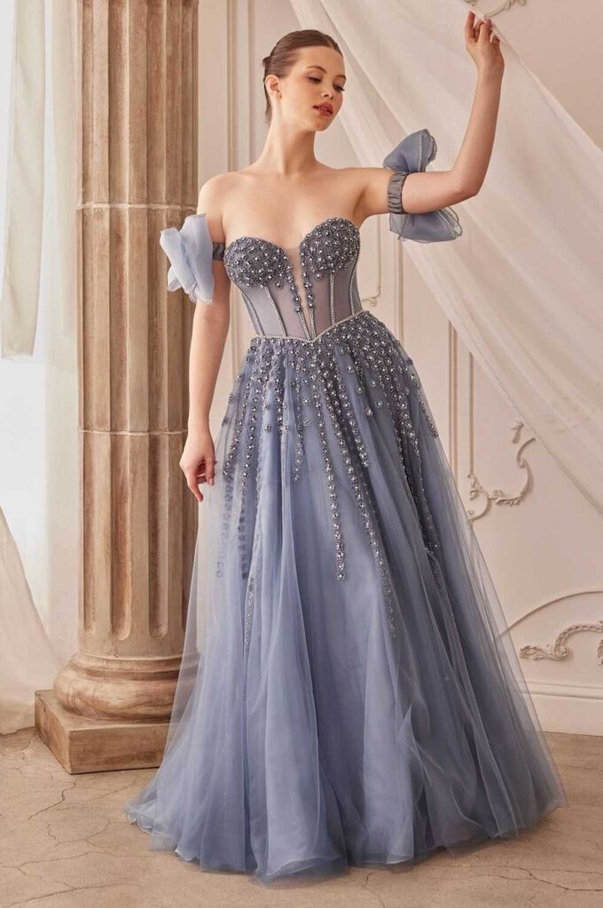 STRAPLESS BEADED GOWN WITH BOW SLEEVE ACCESSORIES