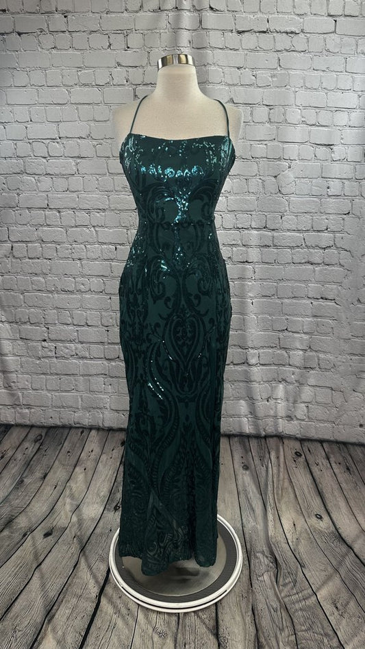 Maniju Long Sequin Swirl Dress Women's Size Medium Green Prom