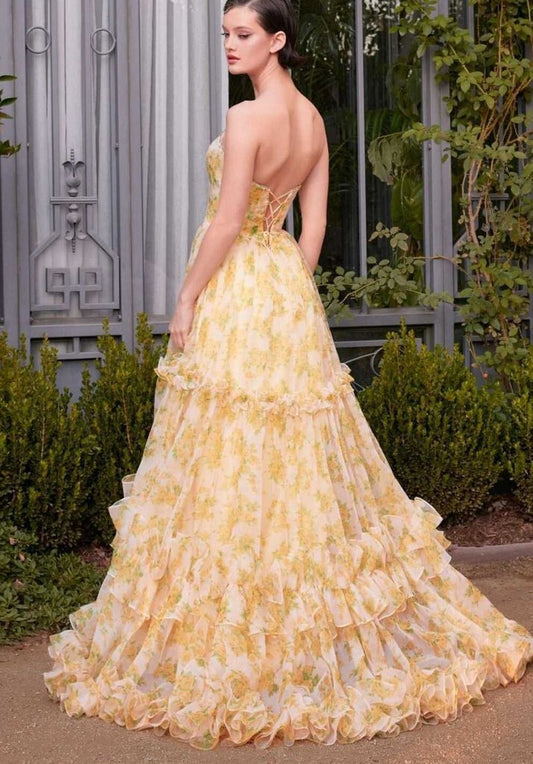 Floral printed organza ball gown