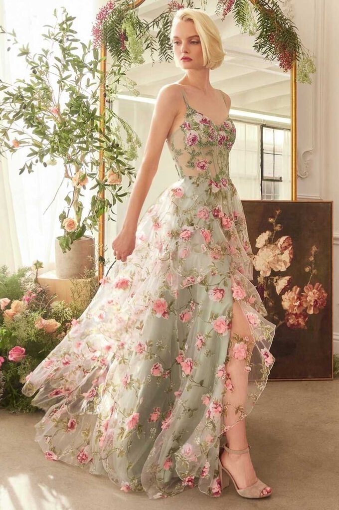 SAGE FLORAL PRINT LAYERED A-LINE DRESS