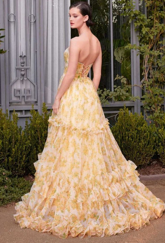 STRAPLESS FLORAL PRINTED BALL GOWN