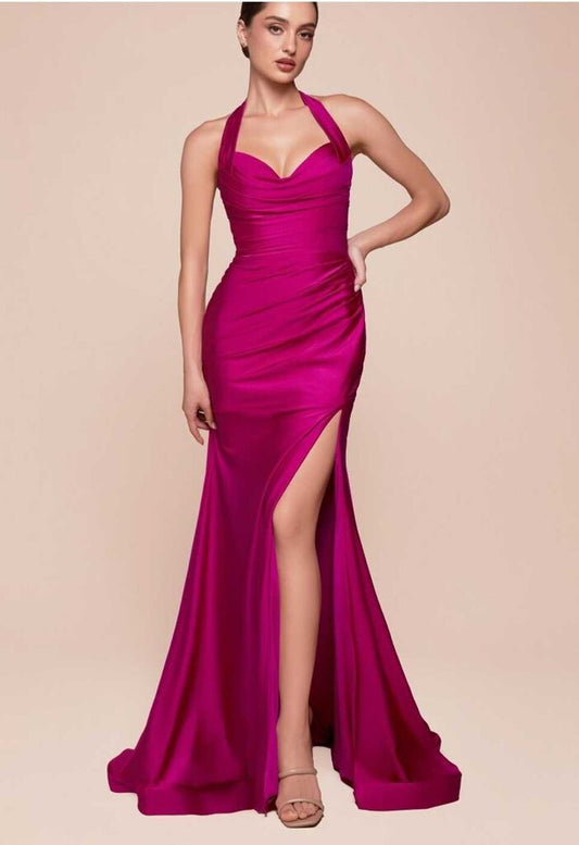 STETCH SATIN HALTER FITTED DRESS