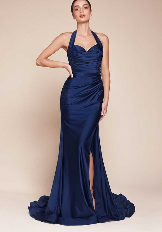 STETCH SATIN HALTER FITTED DRESS