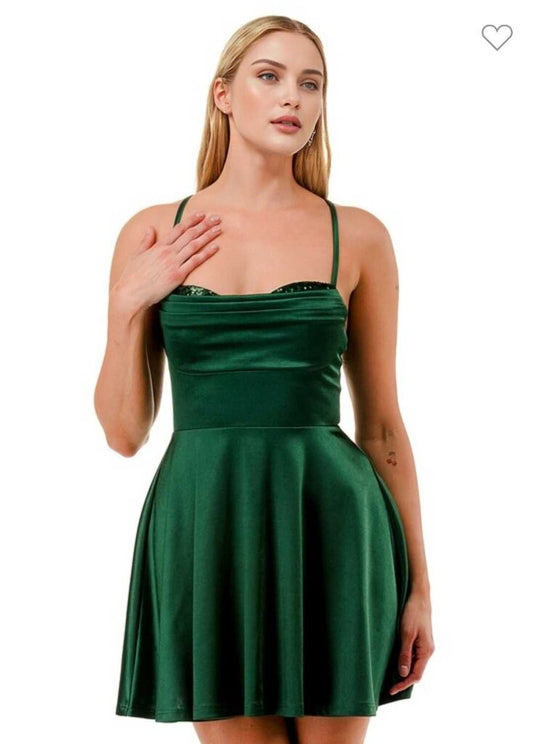 Sequin Satin Sweetheart Flare Mini Dress