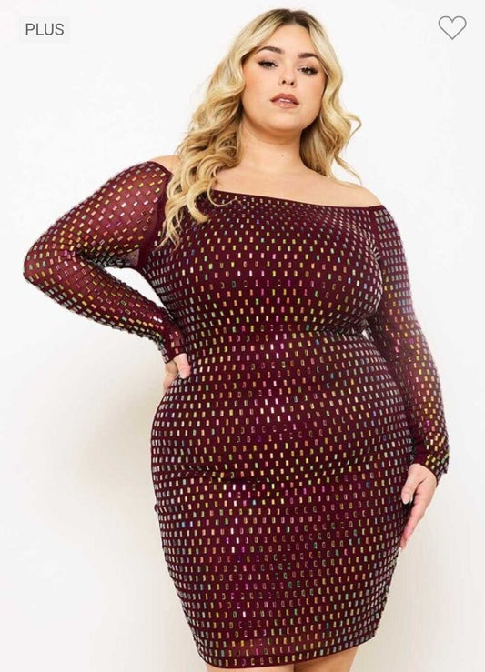 Rhinestone Off The Shoulder Plus Mini Dress