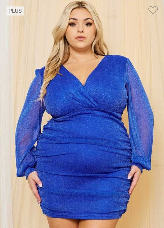 Glitter Mesh Shirring Side Plus Mini Dress