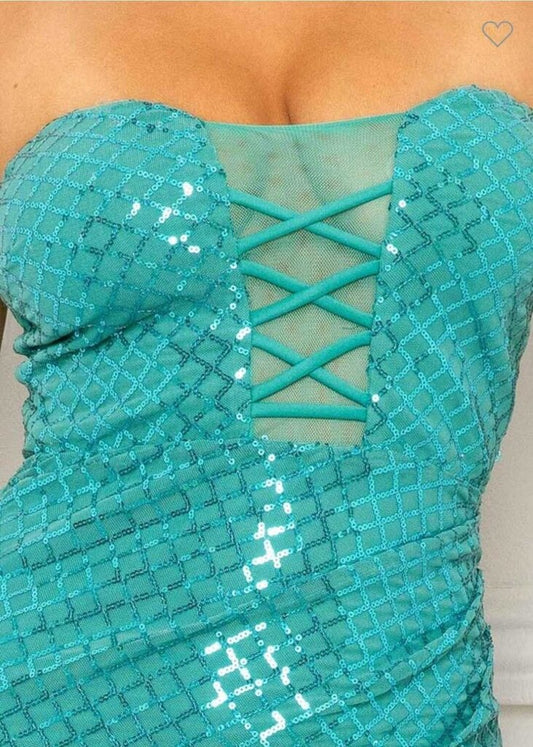 Sequin Criss Cross Pattern Mini Dress