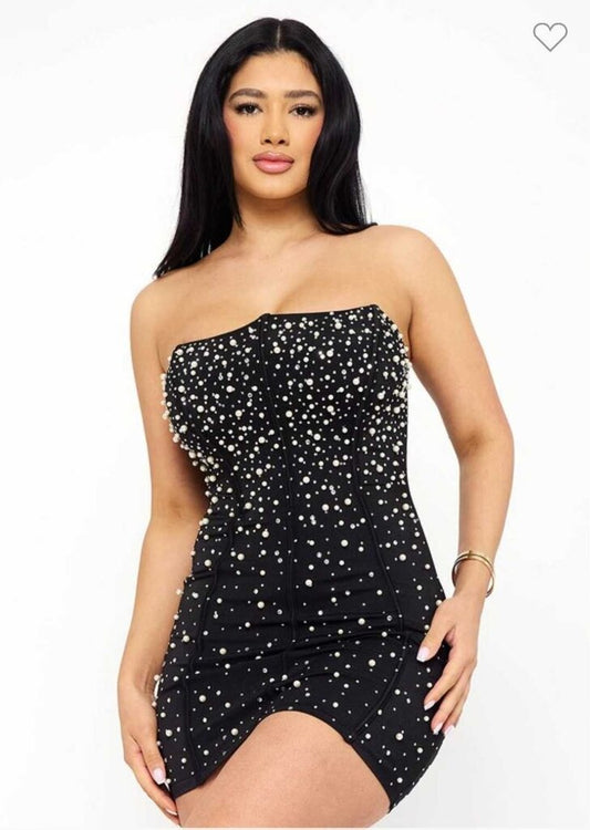 Pearl Bead Attached Power Satin Mini Dress
