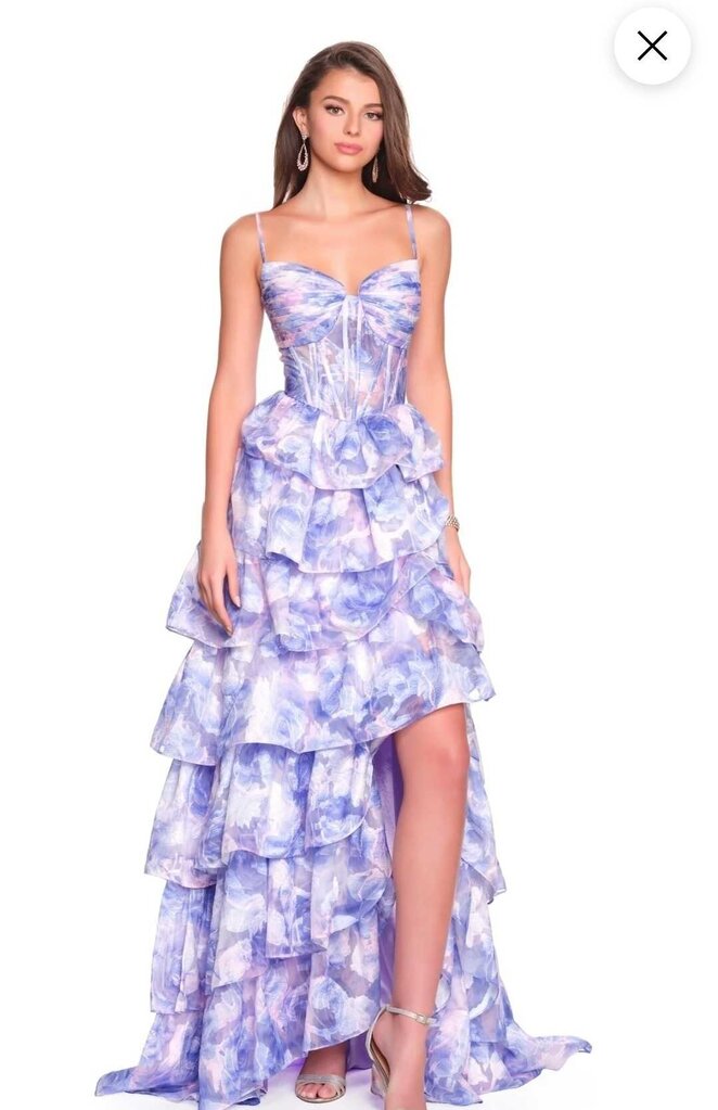 TIERED PRINTED GOWN WITH FRONT SLIT