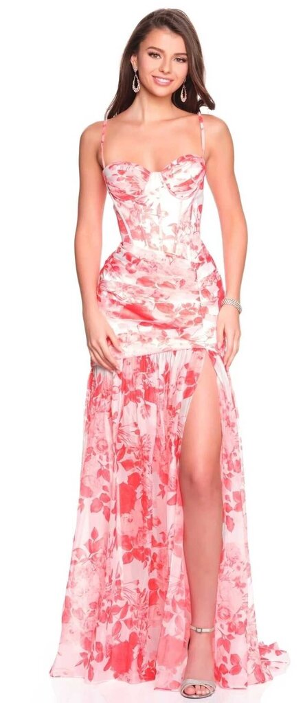 FITTED PRINTED CHIFFON DRESS WITH RUCHING DETAIL AND HIGH SLIT