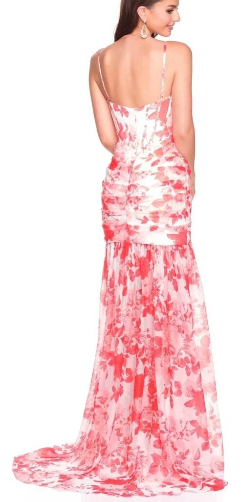 FITTED PRINTED CHIFFON DRESS WITH RUCHING DETAIL AND HIGH SLIT