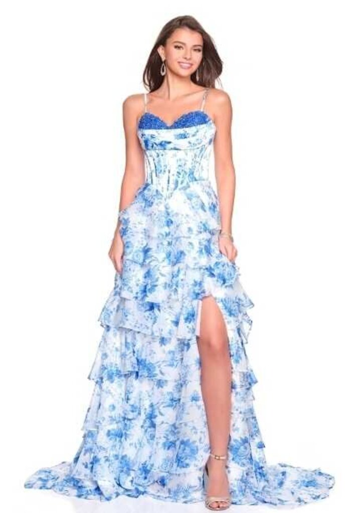 PRINTED TIERED GOWN WITH BEADED DRAPED CORSET BODICE