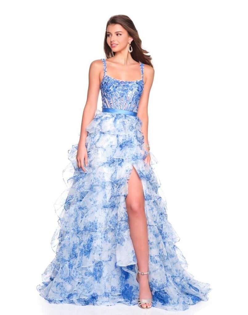 PRINT SQUARE NECK TIERED DRESS WITH SIDE SLIT