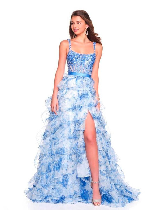 PRINT SQUARE NECK TIERED DRESS WITH SIDE SLIT