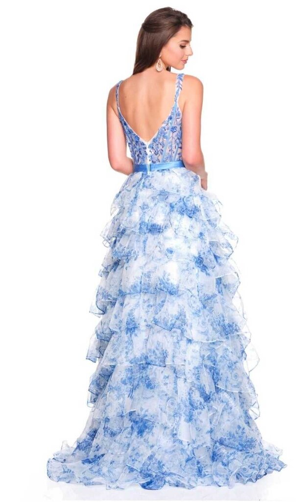 PRINT SQUARE NECK TIERED DRESS WITH SIDE SLIT