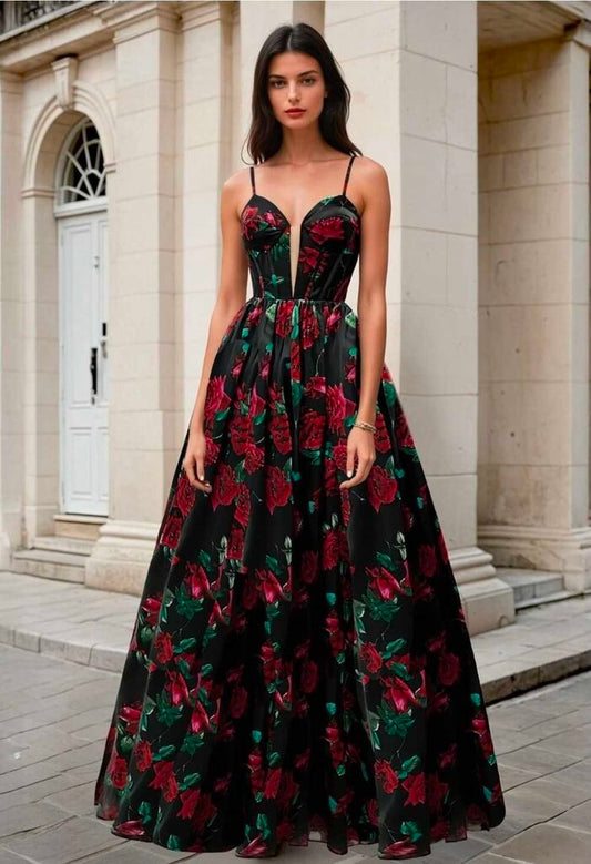 Corset Back Floral Print Evening Gown