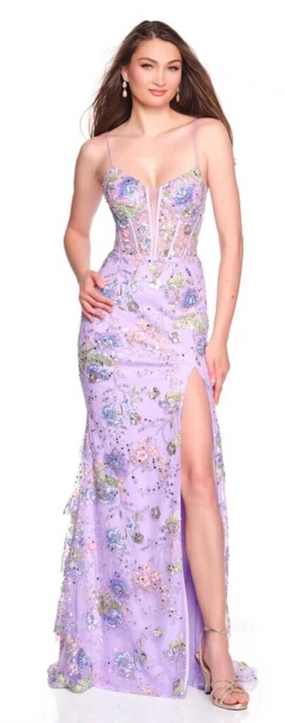 TULLE FITTED GOWN WITH BACK CASCADING RUFFLE AND EMBROIDERED FLOWER DETAIL