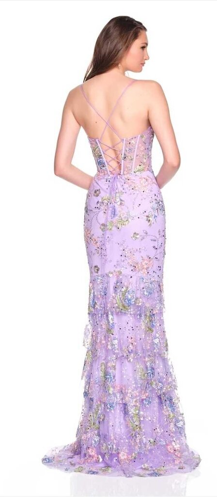 TULLE FITTED GOWN WITH BACK CASCADING RUFFLE AND EMBROIDERED FLOWER DETAIL