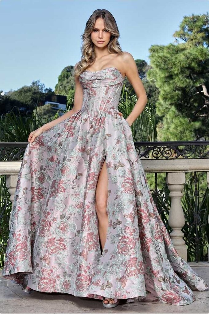 Strapless A-line floral print Prom Dress