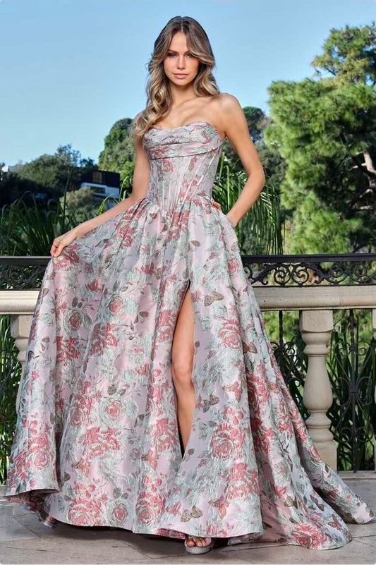Strapless A-line floral print Prom Dress