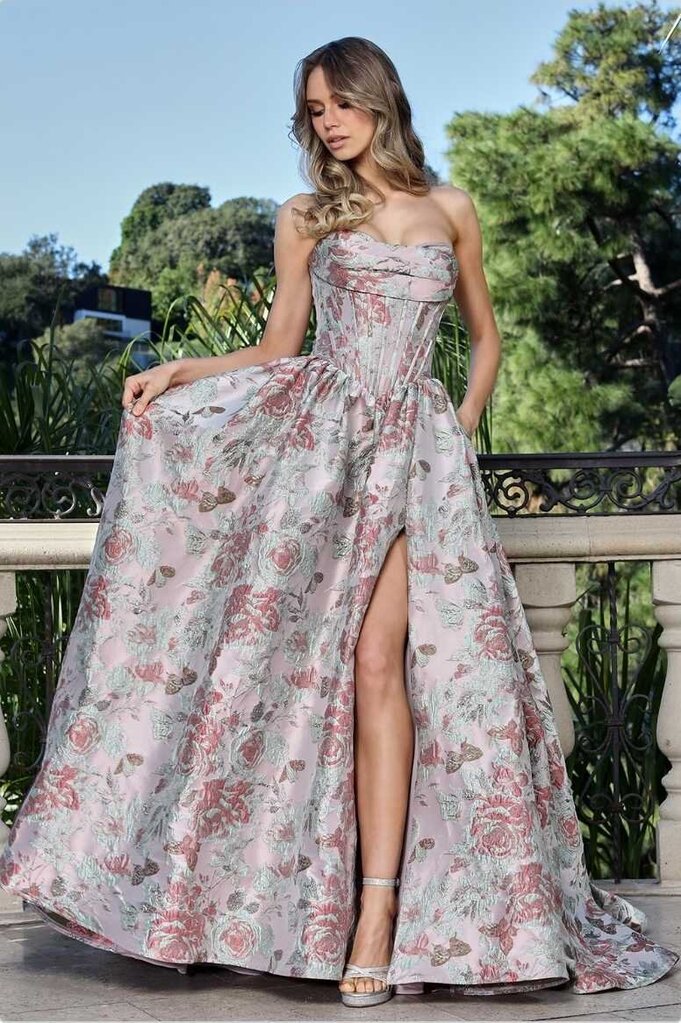 Strapless A-line floral print Prom Dress