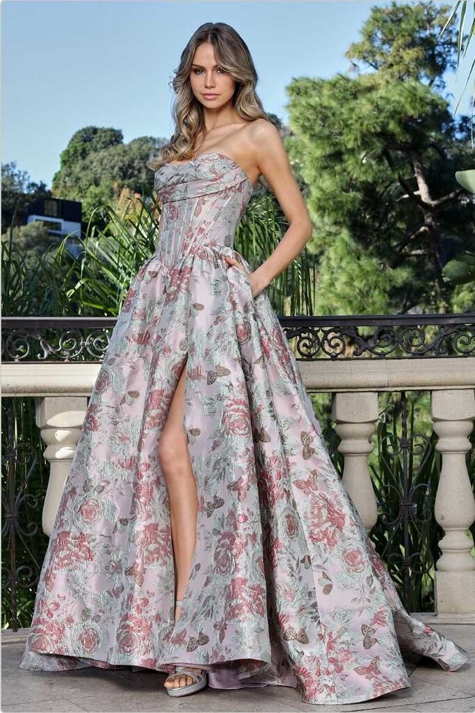 Strapless A-line floral print Prom Dress