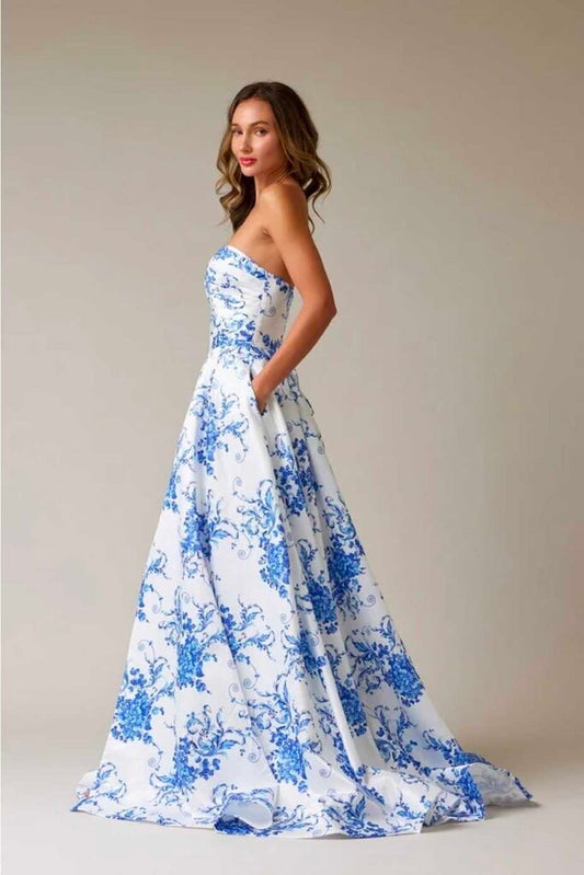 Strapless Print A-line Gown