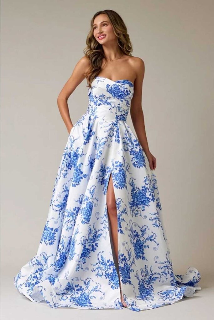 Strapless Print A-line Gown