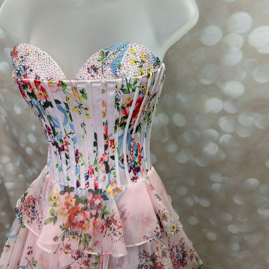 A-Line Chiffon Flower Print Ruffle Skirt