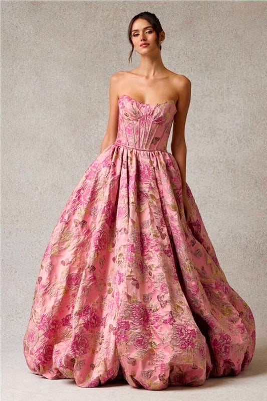 Strapless Jacquard Print Gown