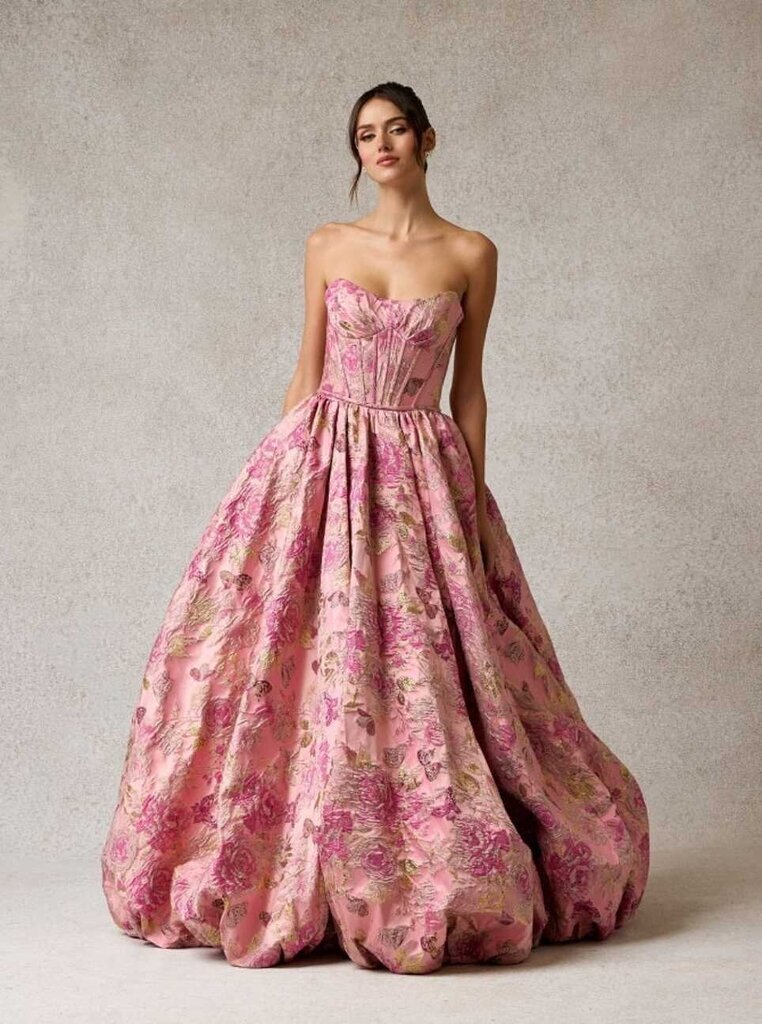 Strapless Jacquard Print Gown