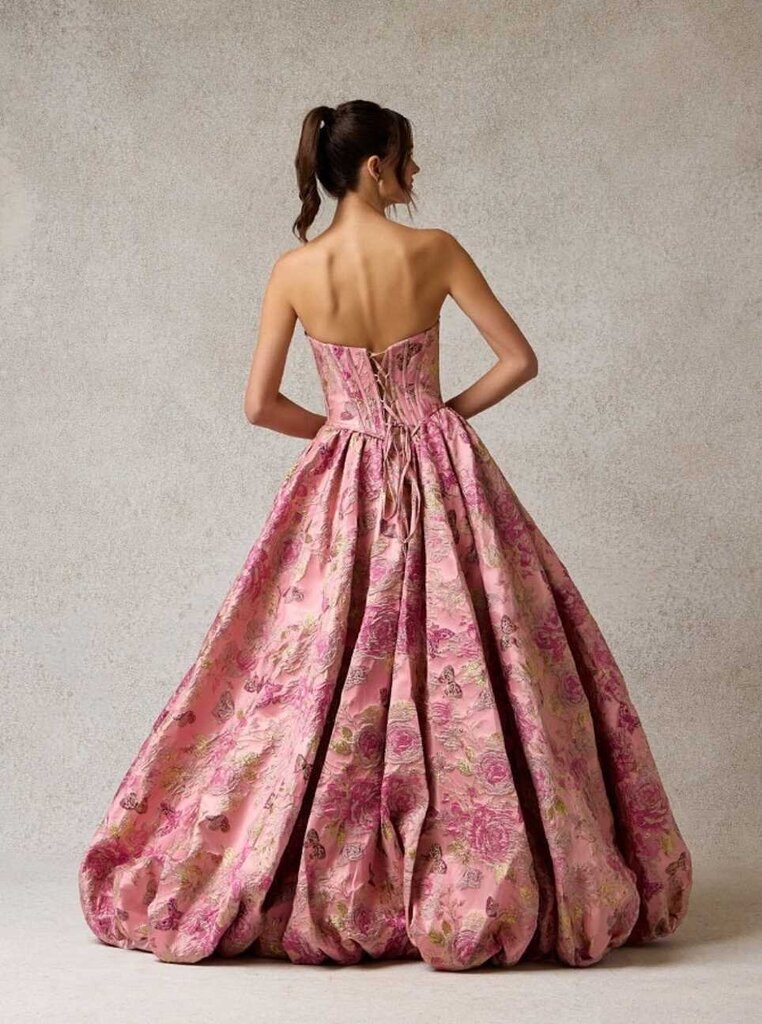 Strapless Jacquard Print Gown