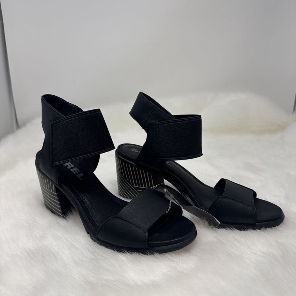 SOREL Nadia Black Leather Chunky Heeled Sandals Size 7 Womens