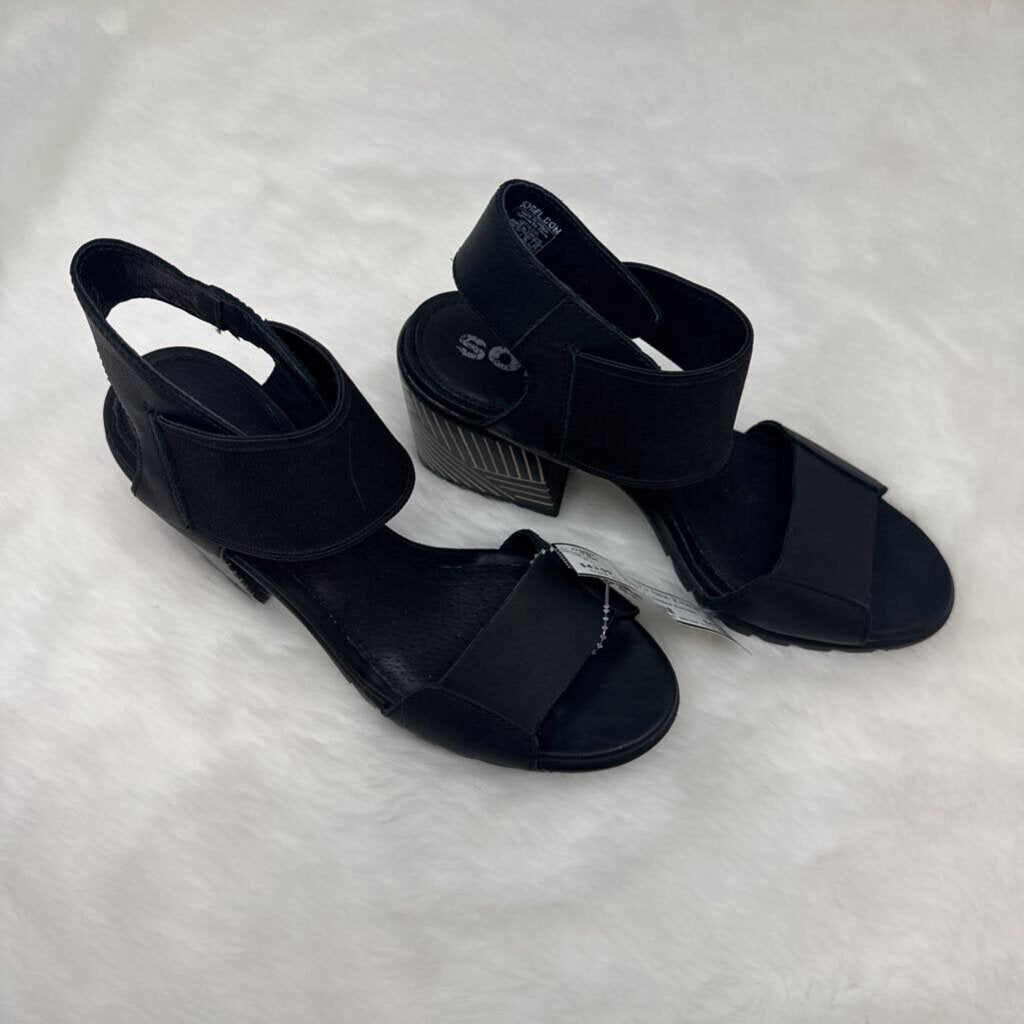 SOREL Nadia Black Leather Chunky Heeled Sandals Size 7 Womens