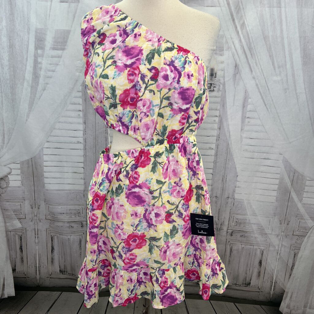 Lulus NWT Yellow Floral Print One Shoulder Cut Out Center Mini Dress Women's Size M