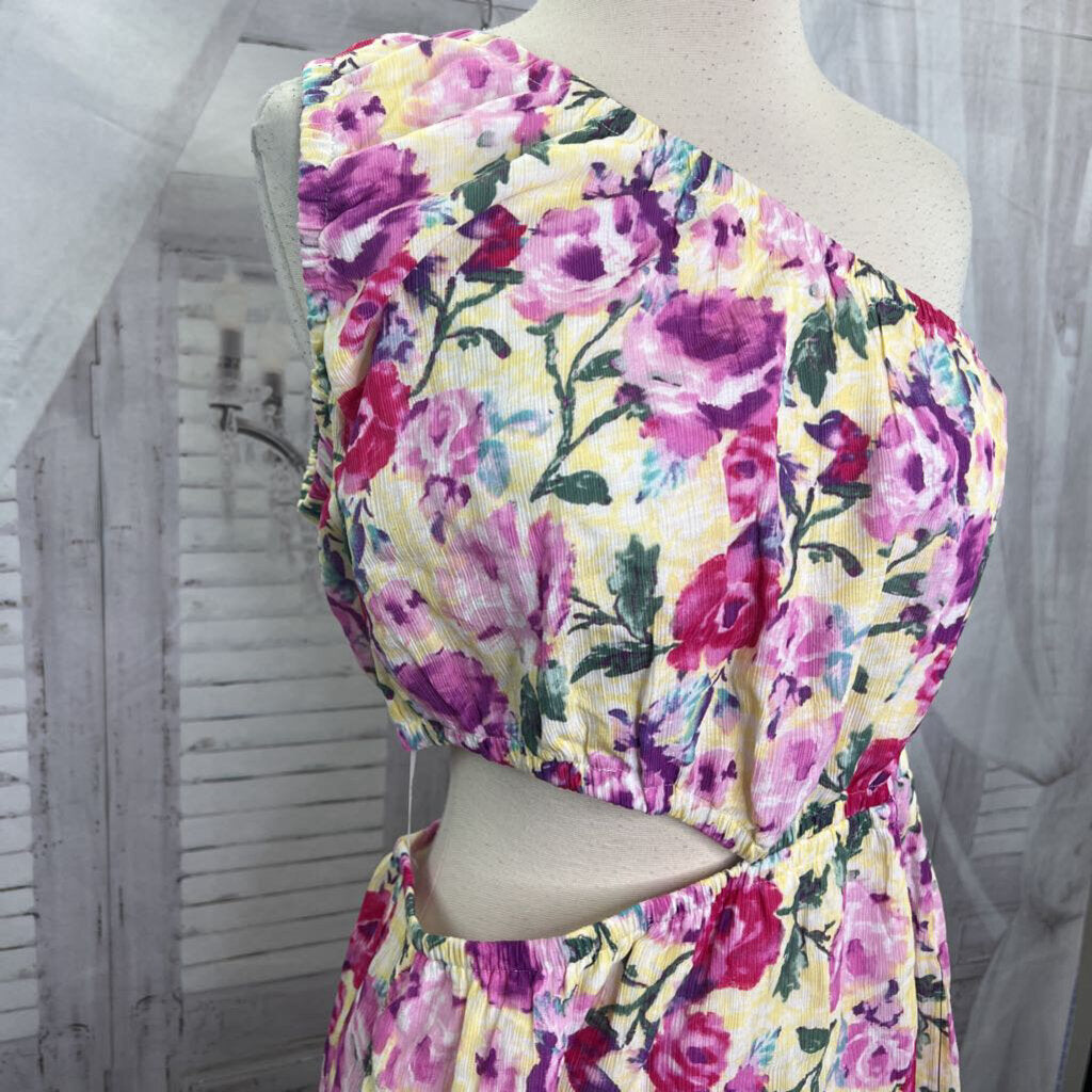 Lulus NWT Yellow Floral Print One Shoulder Cut Out Center Mini Dress Women's Size M