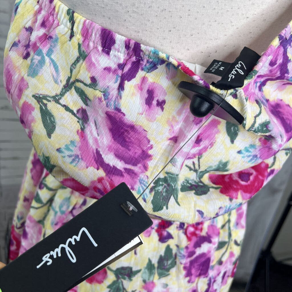 Lulus NWT Yellow Floral Print One Shoulder Cut Out Center Mini Dress Women's Size M