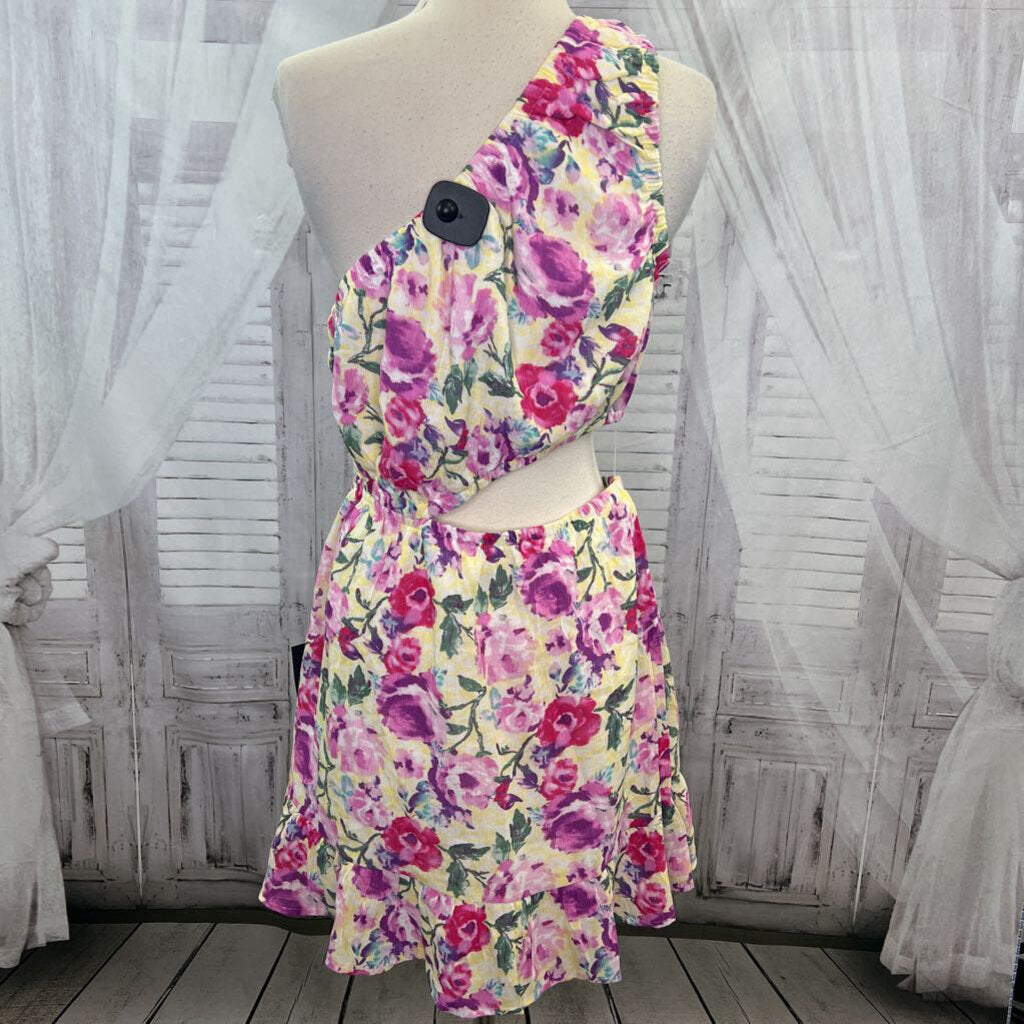Lulus NWT Yellow Floral Print One Shoulder Cut Out Center Mini Dress Women's Size M